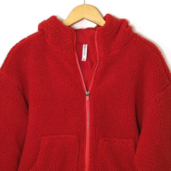 Fabletics Teddy Fleece Jacket Zip Front Hood Sporty Athleisure Cozy Red Size M - Picture 3 of 13
